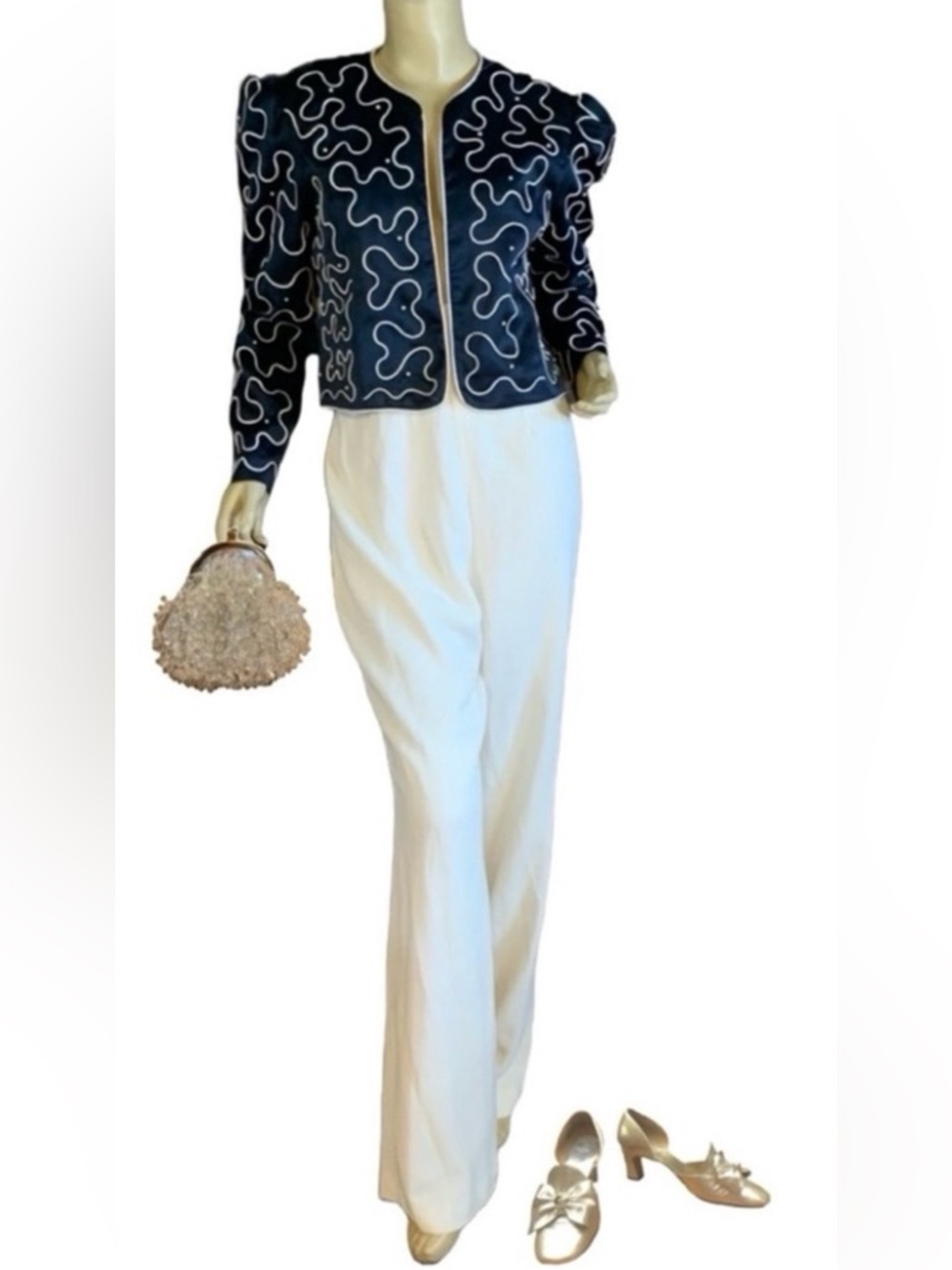 PATRA VINTAGE 1990'S BLUE & CREAM SATIN BLAZER WITH FAUX PEARL BEADING (10)